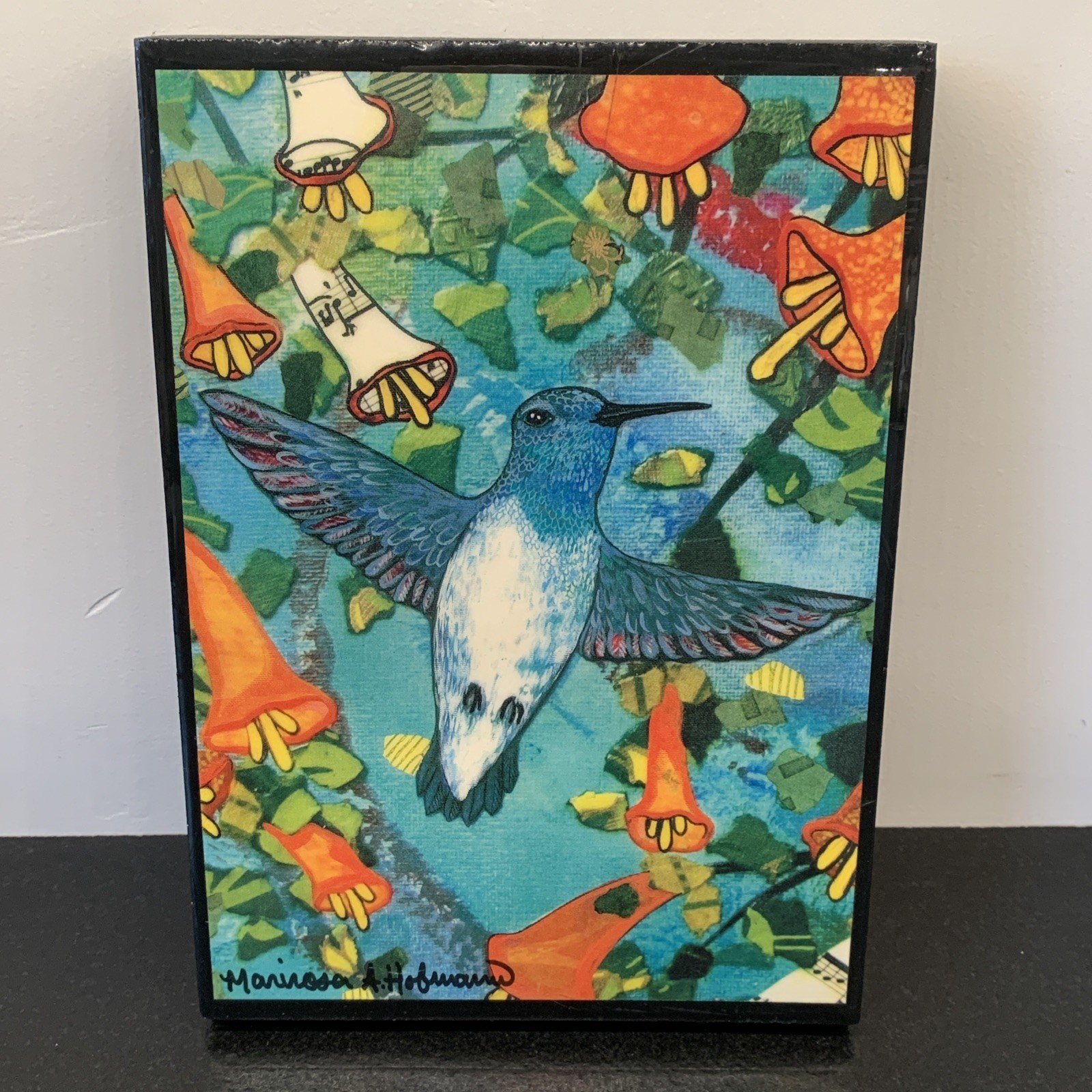 Original Signed Art Hummingbird Floral Colorful Wood Block Resin Glazed 7x10x1.5