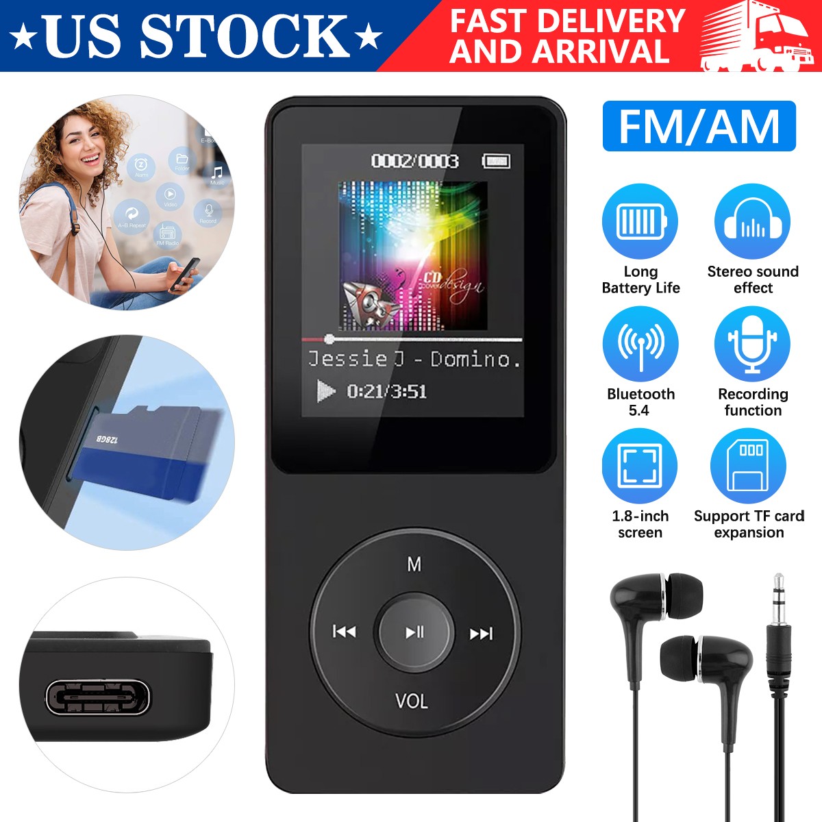 Type-c Portable Bluetooth MP3/MP4 Lossless Walkman Music Player FM Radio Recorde