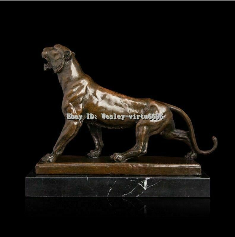 9" West Art Deco Sculpture Animal Figurine Panther leopard Bronze Statue Signed