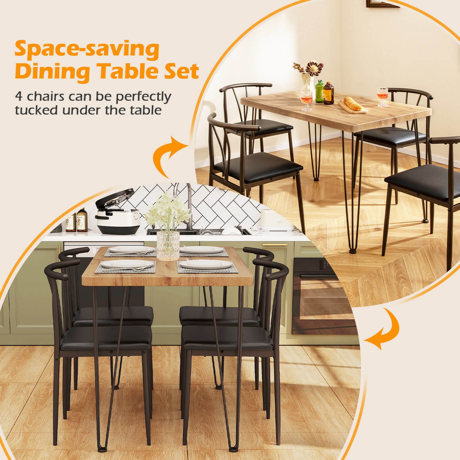 Rectangular Kitchen Table and 4 Armless Chairs w/ Upholstered Seat, Spindle Back