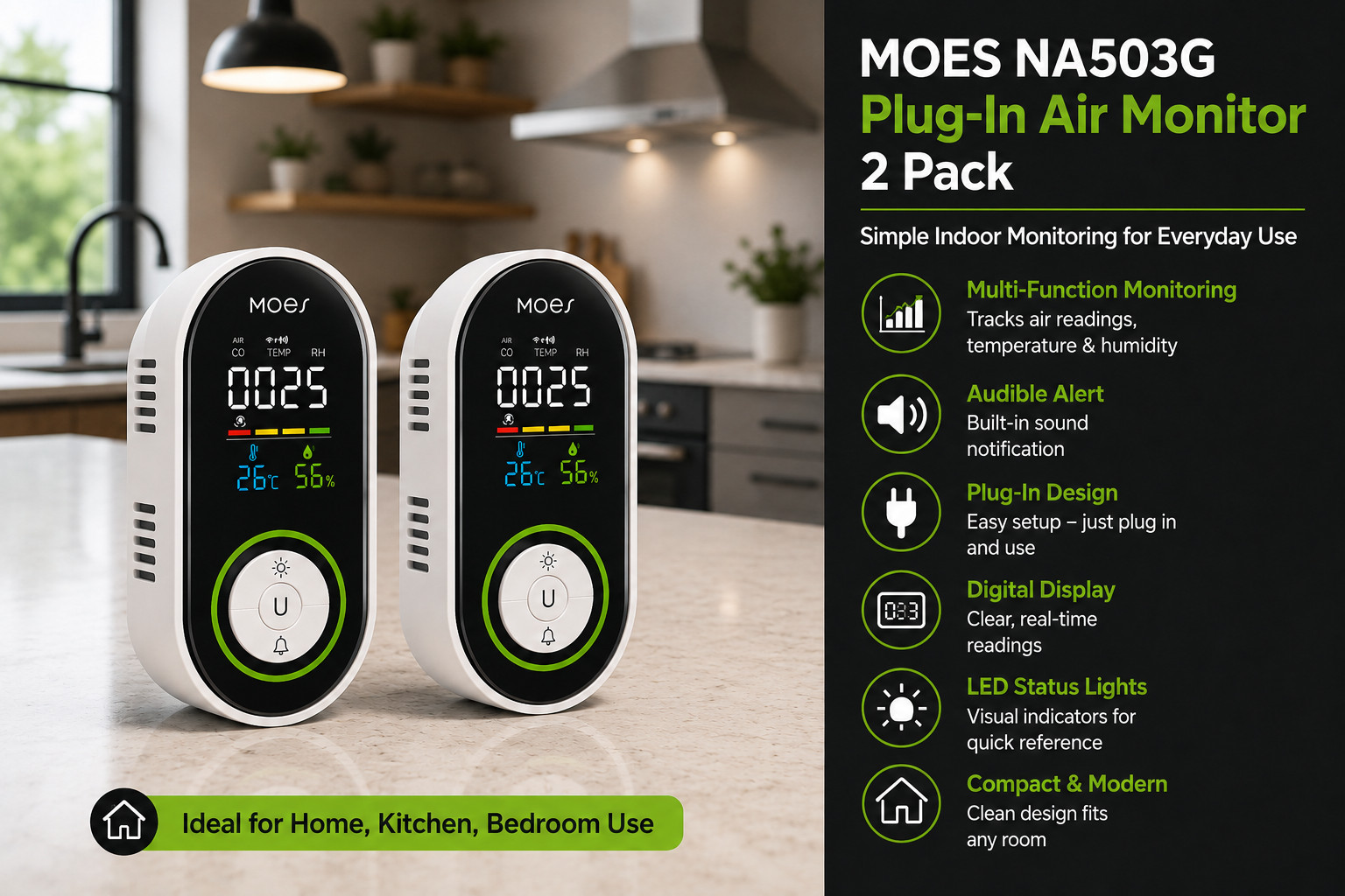 Plug-In CO Gas Monitor 2 Pack Digital Display Temp Humidity Sensor