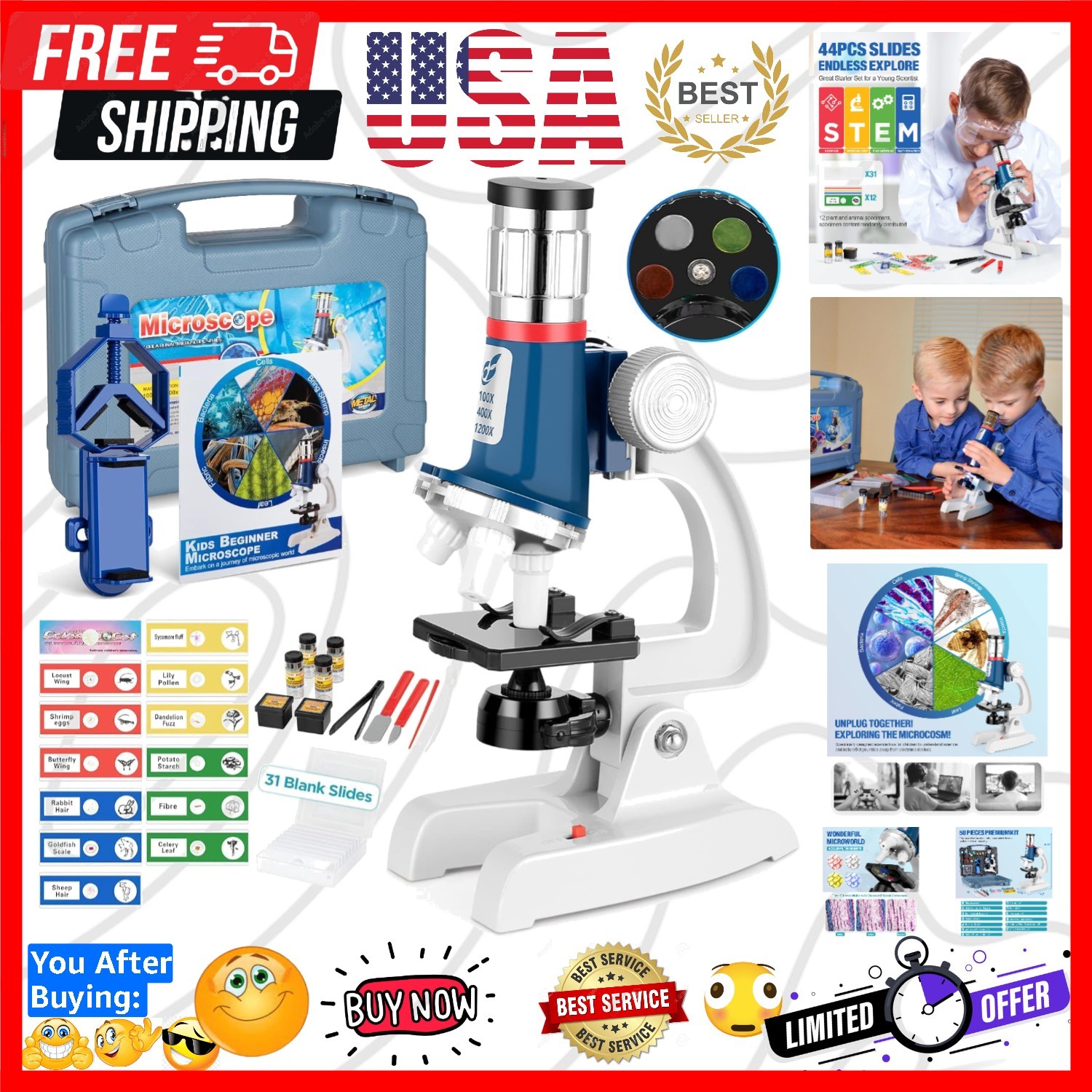 58-Piece Kids Microscope Kit - 100X-1200X Magnification, Metal Body, LED Ligh...