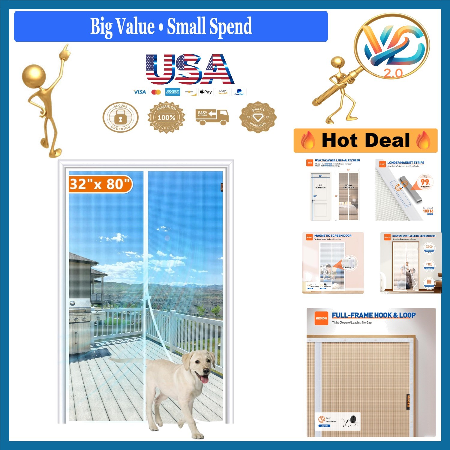 Magnetic Screen Door 34x81 Inch Fits 32x80 Patio Sliding Door White