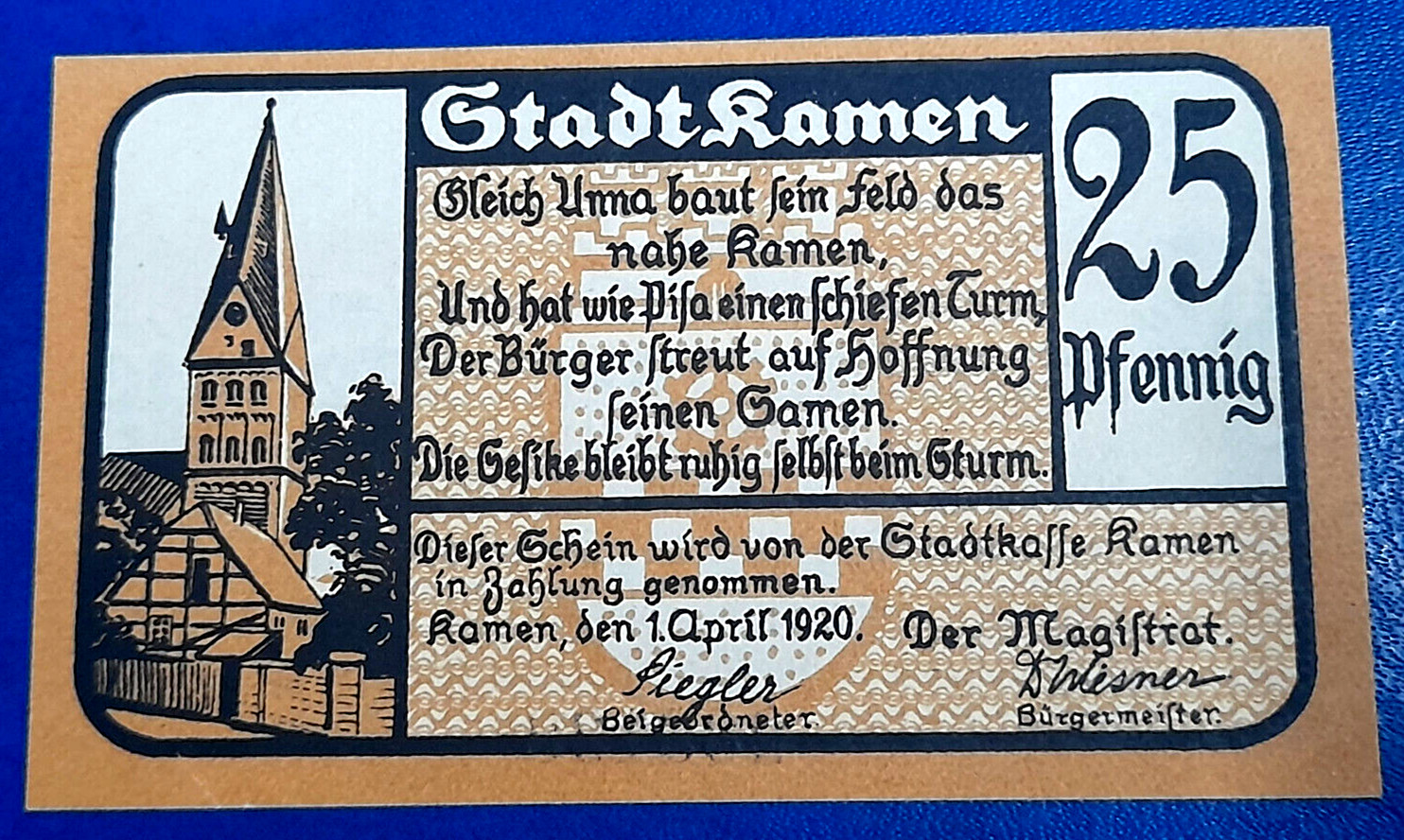 KAMEN NOTGELD 25 PFENNIG 1920 EMERGENCY MONEY GERMANY BANKNOTE (32444)