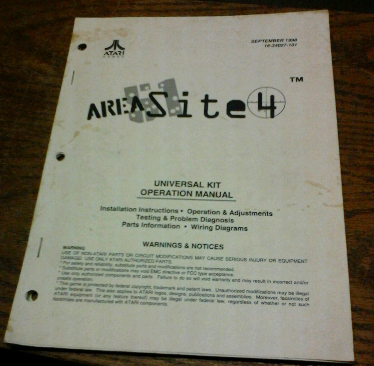 Atari AREA SITE 4 Arcade Video Game Manual - good used original