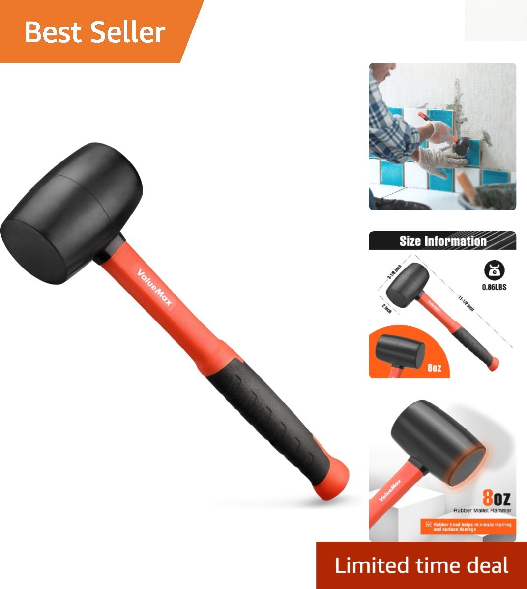 Multi-Purpose 8oz Rubber Mallet with Double-Faced Head - Ideal for Camping