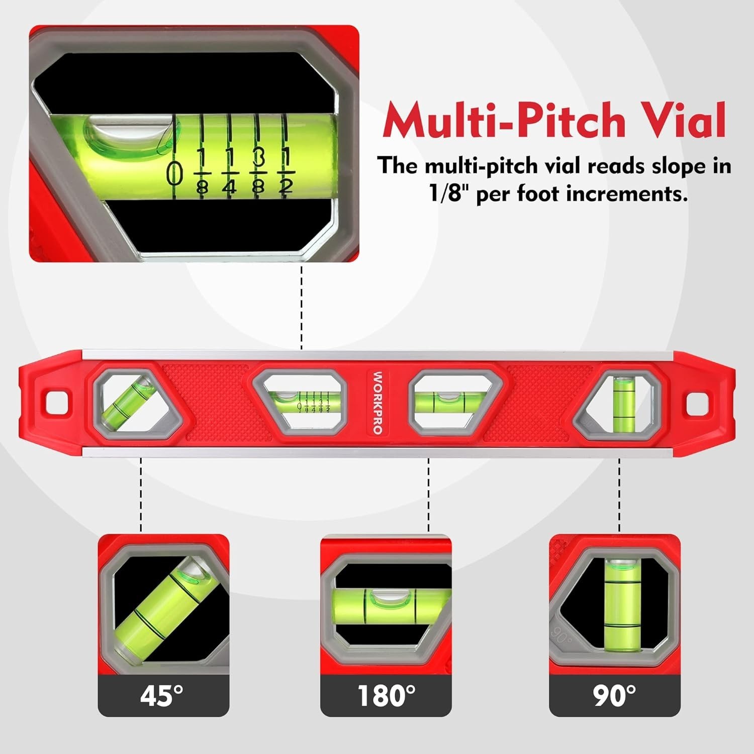 WORKPRO 12 Inch Torpedo Level, Magnetic Leveler Tool, Plumbing Level Pitch Vial
