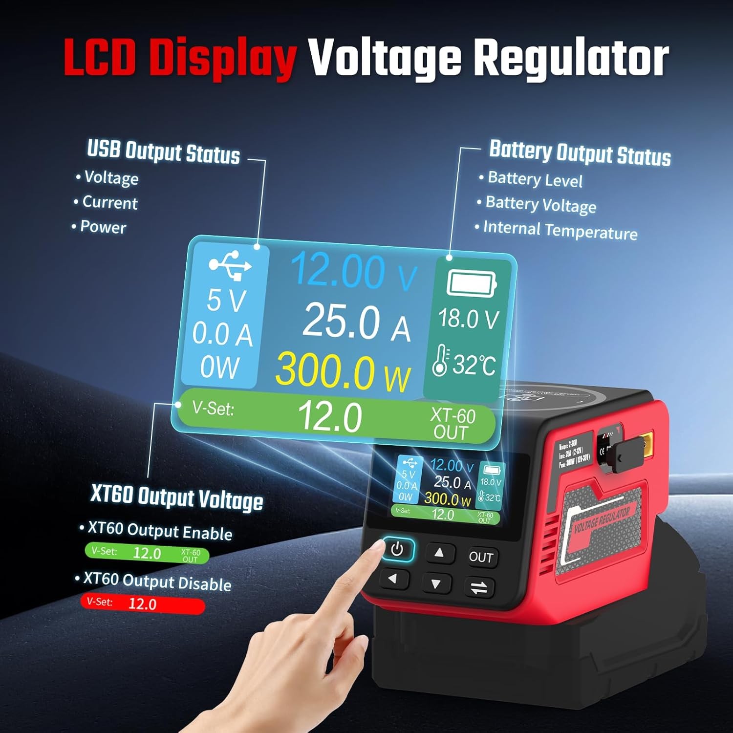 18V Battery Adjustable Voltage Regulator 300W Hisecren Wireless 2-30V Compatible