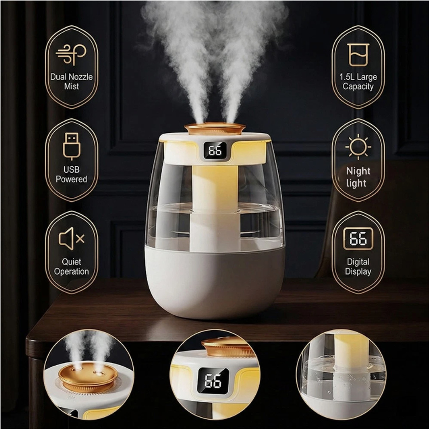 1.5L Humidifiers for Hotel Home Bedroom Ultrasonic Cool Mist LED Humidifier