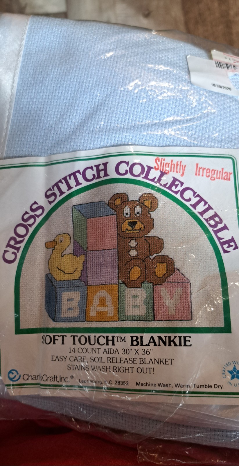 CHARLES CRAFT Soft Touch Blankie 14 Count Cross Stitch Collectible Satin Sides