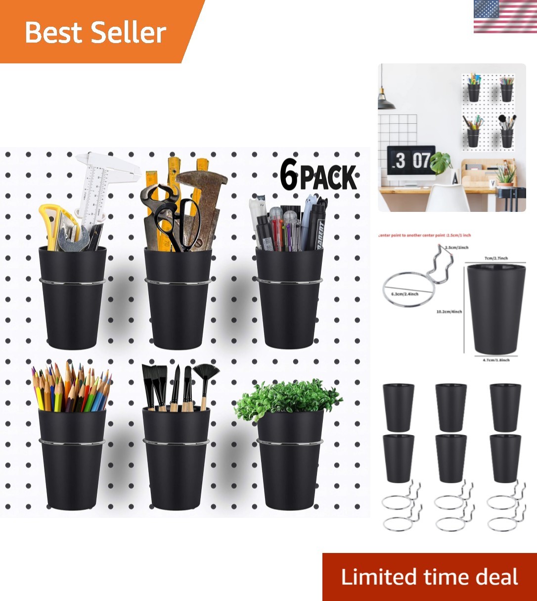 6 Set Ring Style Pegboard Hooks with Pegboard Cups, Black, Stainless Steel & ...