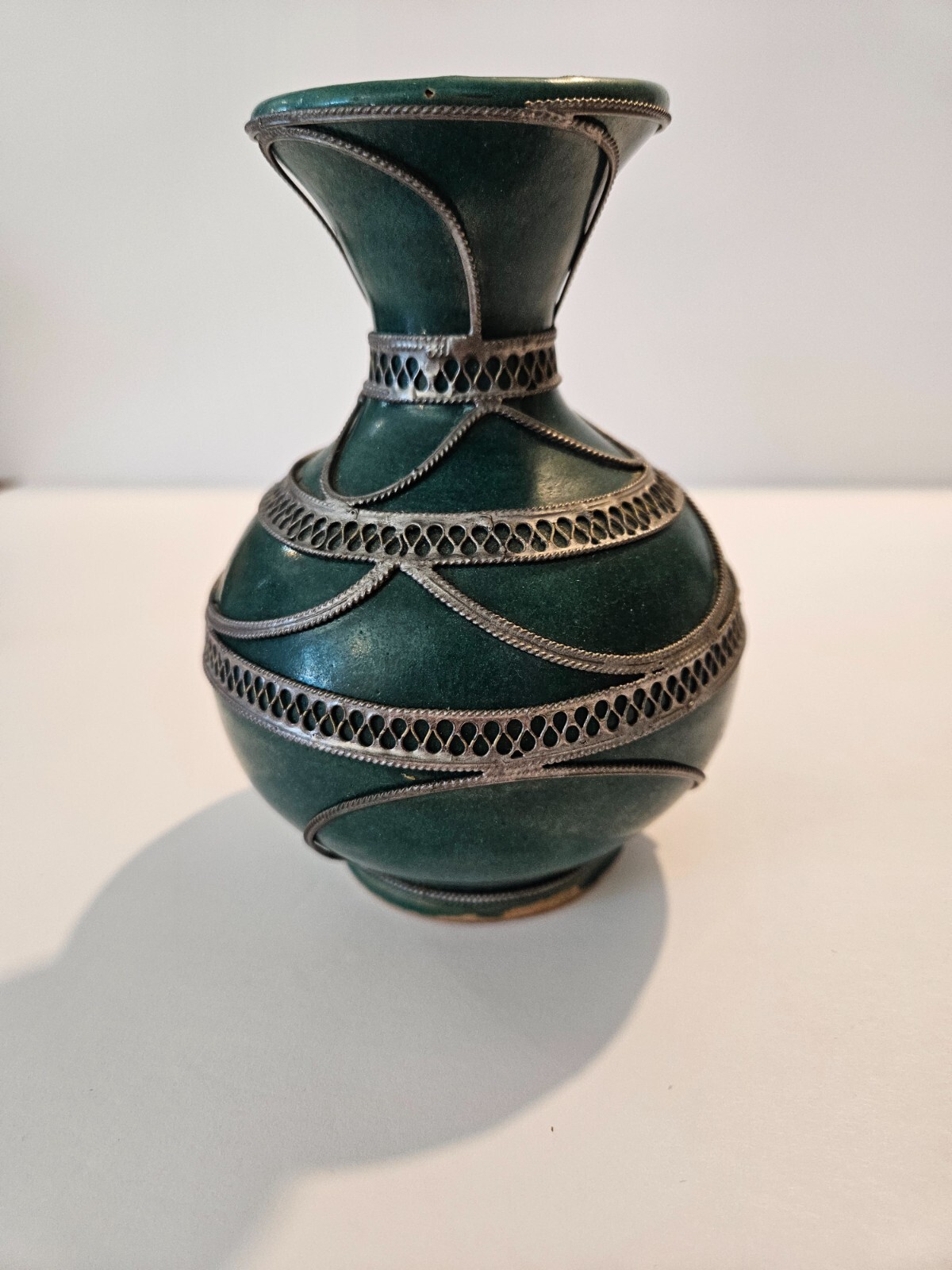 MOROCCAN GREEN HAND WORKED PEWTER AND CLAY