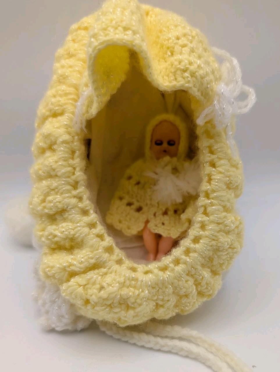 3" Baby Doll w/ Crochet or Knitted Bunting in Crochet Bassinet