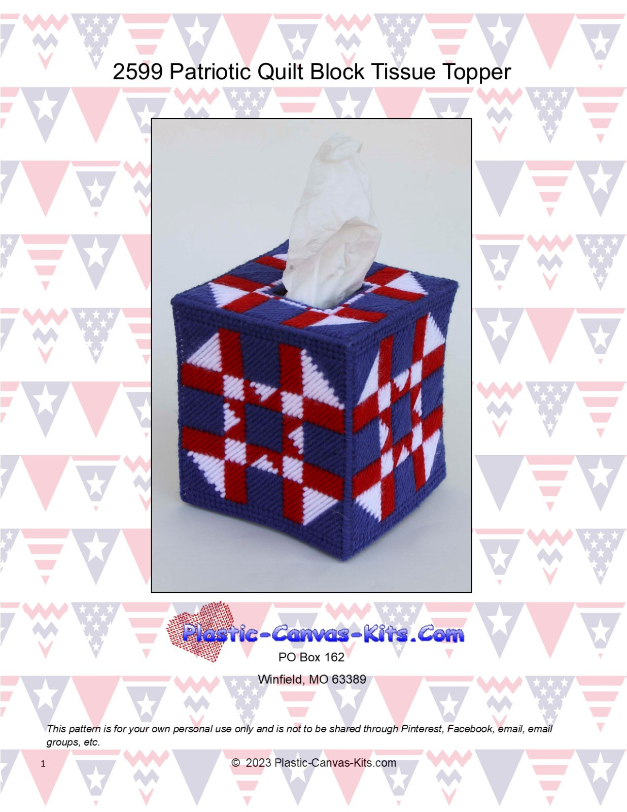 Patriotic Quilt Block Tissue Topper- Plastic Canvas Pattern or Kit