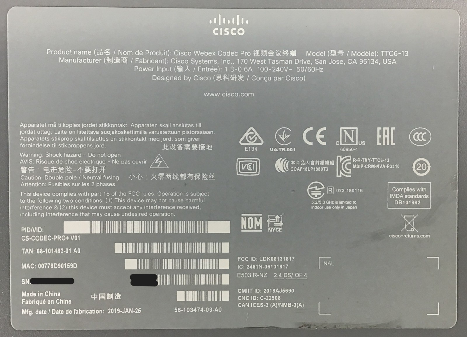 Cisco CS-Codec-Pro+ TTC6-13 Cisco Webex Codec Pro Video Conferencing Device
