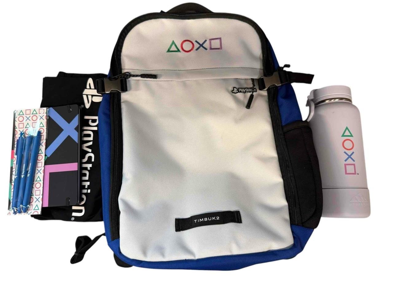 NEW Timbuk2 PlayStation Backpack Blue White & Black With Tumbler Shirt & Notepad