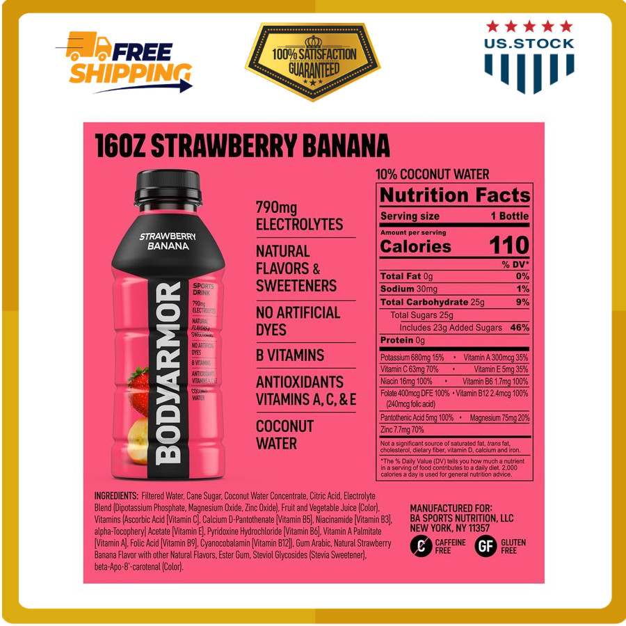 BODYARMOR 12 Pack Strawberry Banana Sports Drink 16oz Electrolyte Hydration