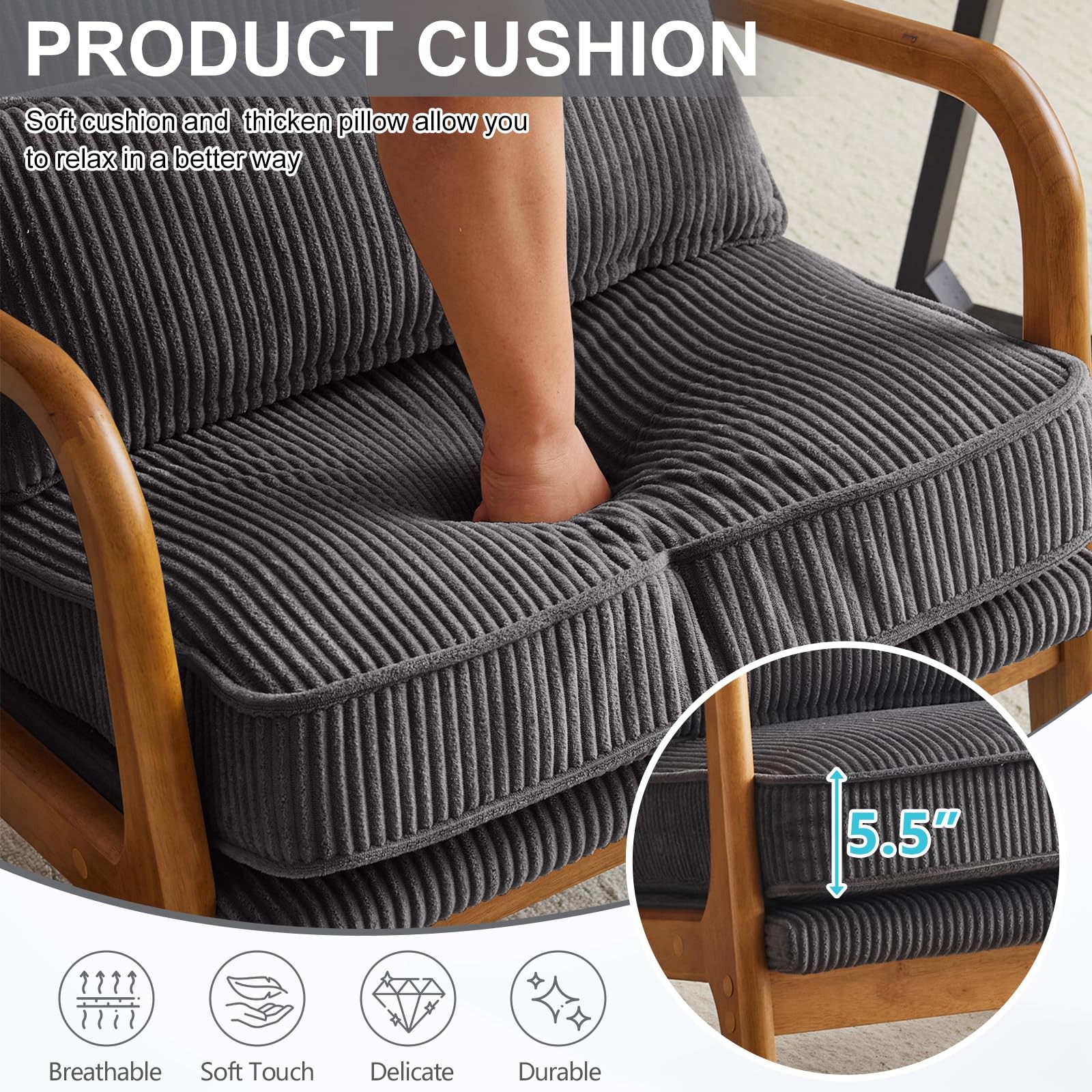 Ergonomic Corduroy Armchair with High-Density Sponge with Back Pillow for Porch