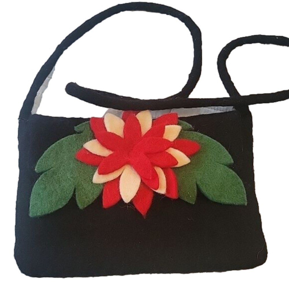 Handmade boiled wool christmas poinsettia black holiday purse