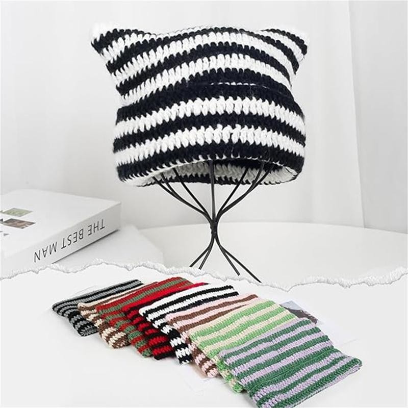 Cute Cat Ear Beanie Lazy Style Y2k Beanies, Winter Warm Crochet Hats Men Women