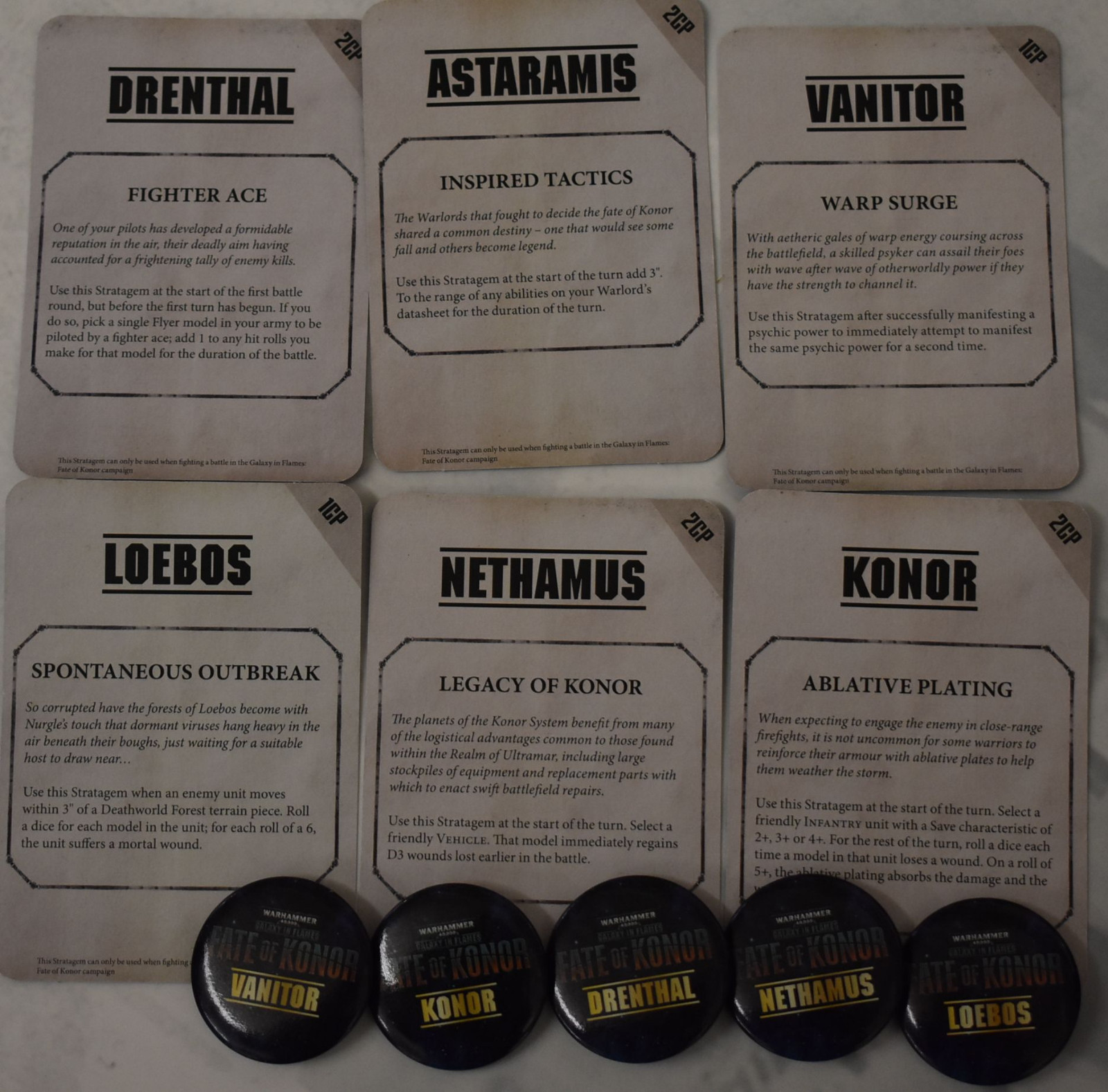 Warhammer 40k  Fate of Konor Stratagem Cards and Campaign pins lot.
