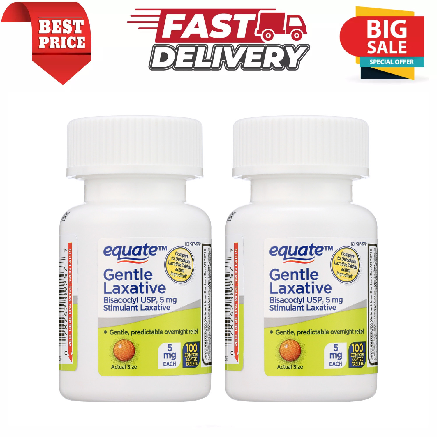 (2 Pack) Equate Bisacodyl Gentle Laxative Tablets for Adult Constipation, 100 Ct