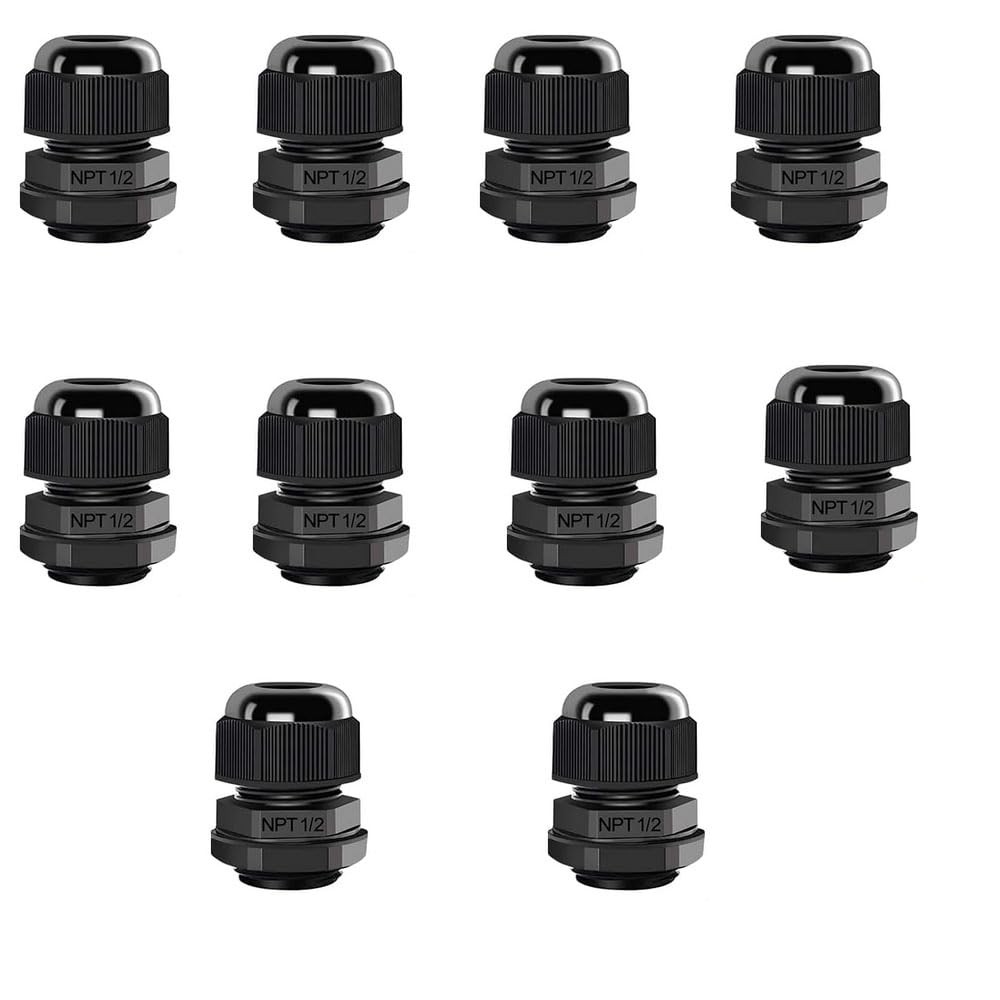 10 Pack 1/2" NPT Cable Gland Waterproof IP68 Nylon Cable Pass Through Cord Grip