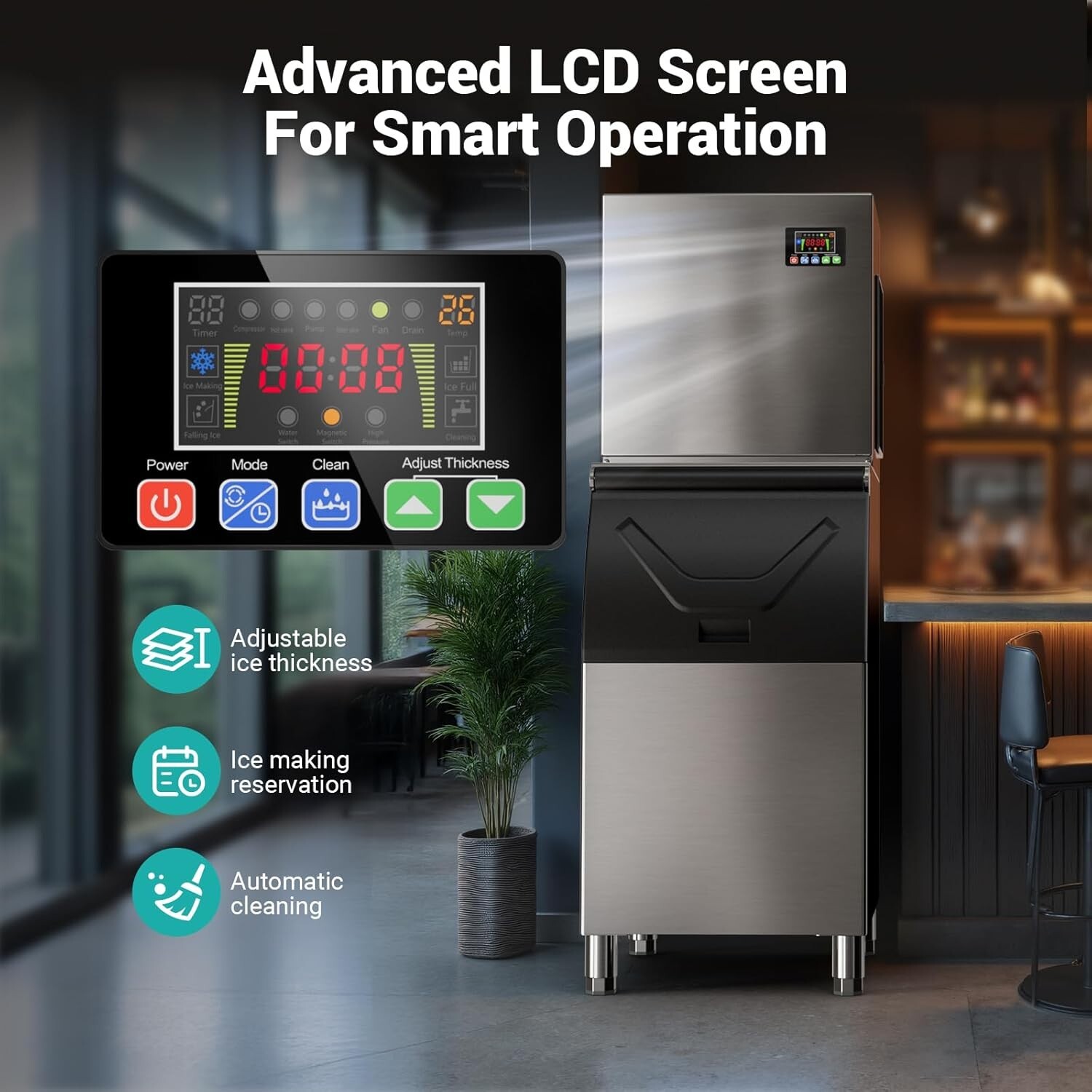 Commercial Ice Machine with 350LBS Storage Bin 132 Ice Cube Industrial Ice Maker