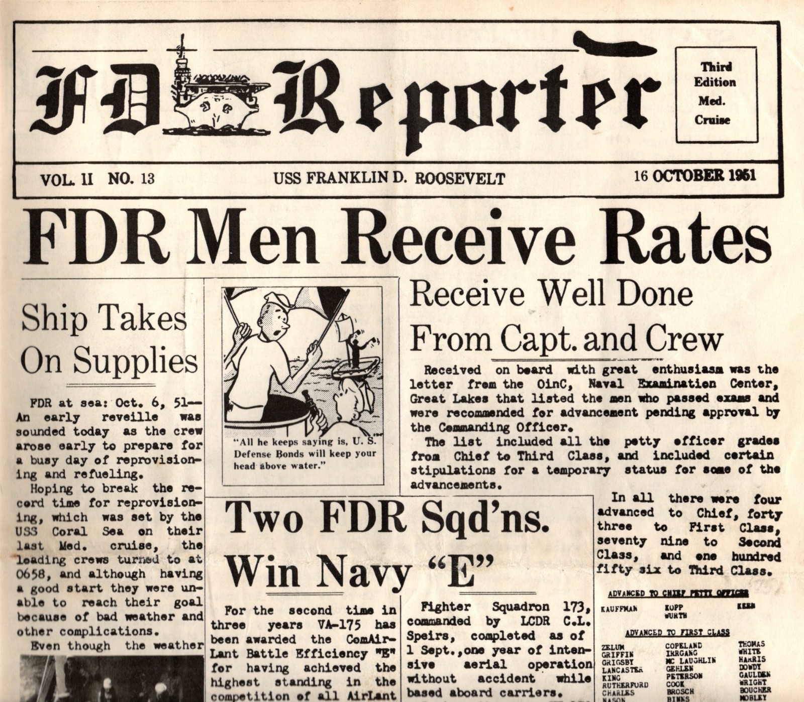☆ USS FRANKLIN D. ROOSEVELT CVA-42 NAVY SHIP NEWSPAPER DATED OCTOBER 16, 1951 ☆