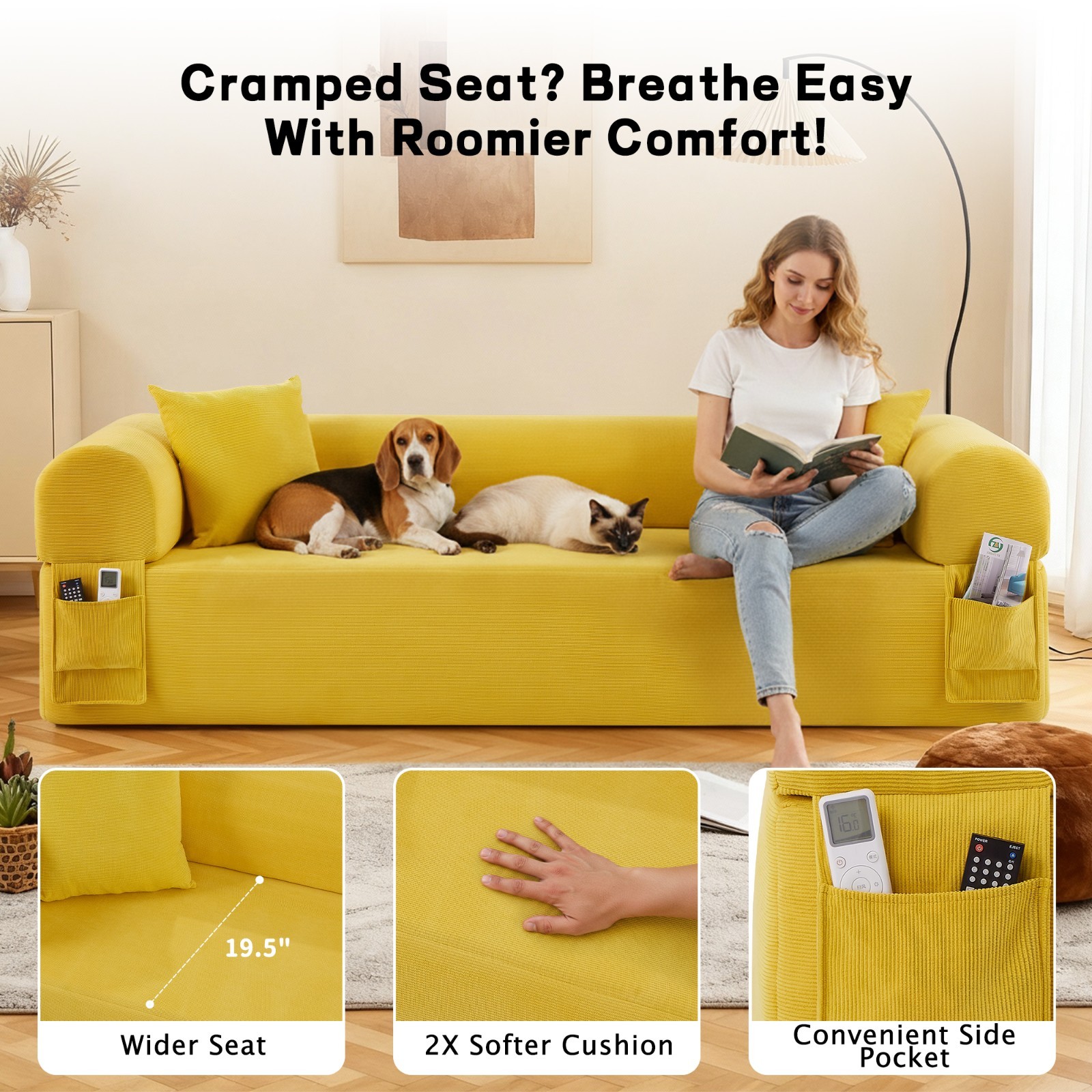2 in 1 Folding Convertible Sofa Bed, Boneless Compression Sofa with Side Pocket