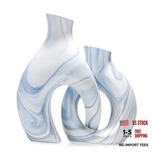 Blue Vases Set of 2, Modern Coastal Vase for Flowers, White vases Blue Donut
