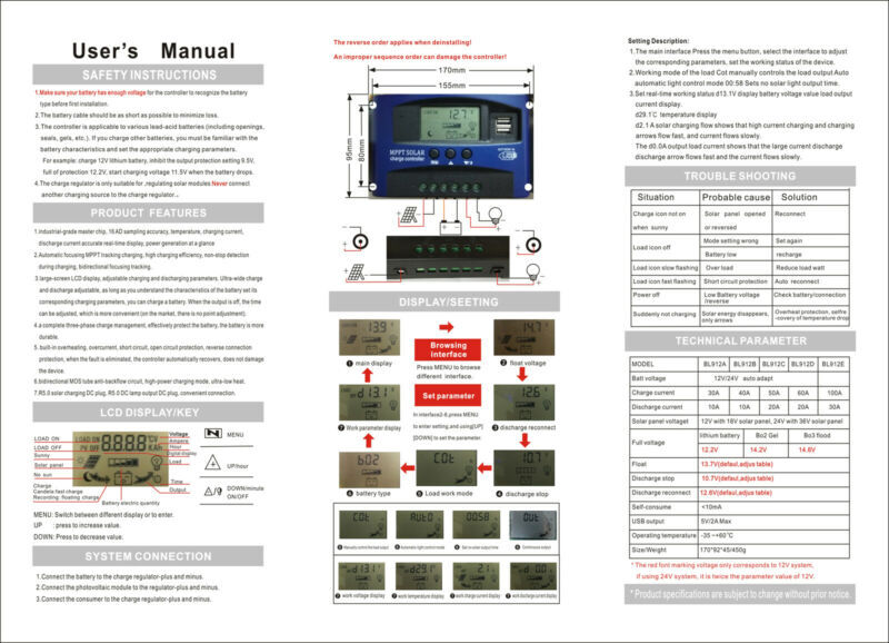 60A MPPT Solar Panel Regulator Charge Controller 12V/24V Auto Focus Tracking,