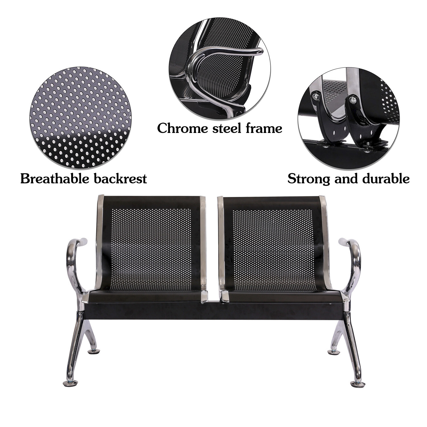 2-Seat Airport Waiting Chair Clinic Bench Office Reception Room Salon Black