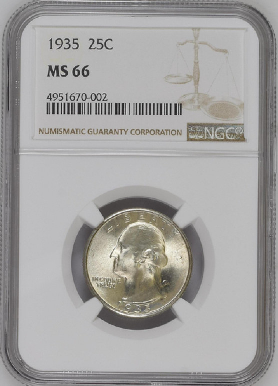 :1935-P S25C WASHINGTON-QUARTER BLAST WHITE NGC MS-66 RARITY R3 HIGHEST-GRADES