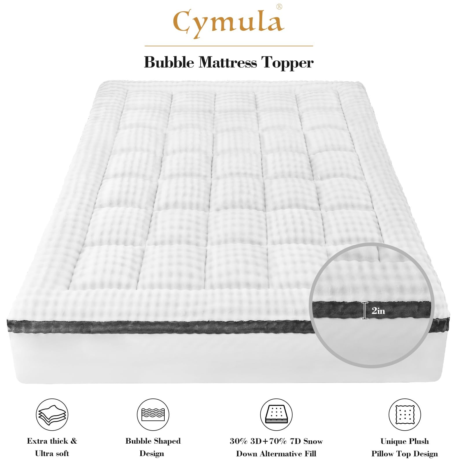 Cymula Queen Mattress Topper Fleece Bubble Pillow Top Queen, White