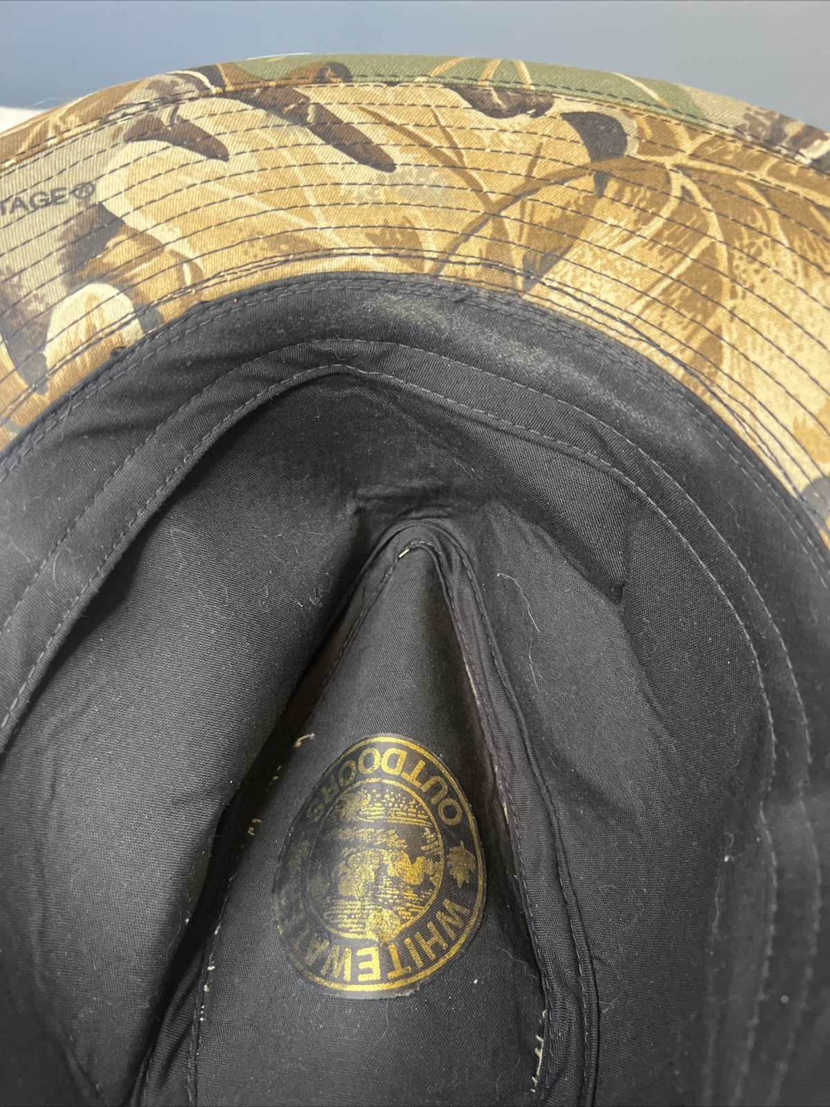 Vintage Whitewater Outdoors Advantage Camo Bucket Hat Hunting US Leaves Brown