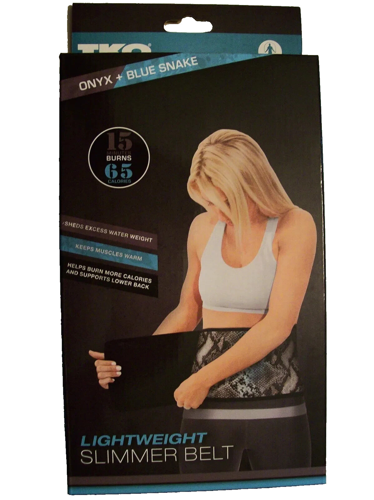 TKO Slimmer Belt Trim Burn Waist Adjustable Onyx & Blue Snake NIB