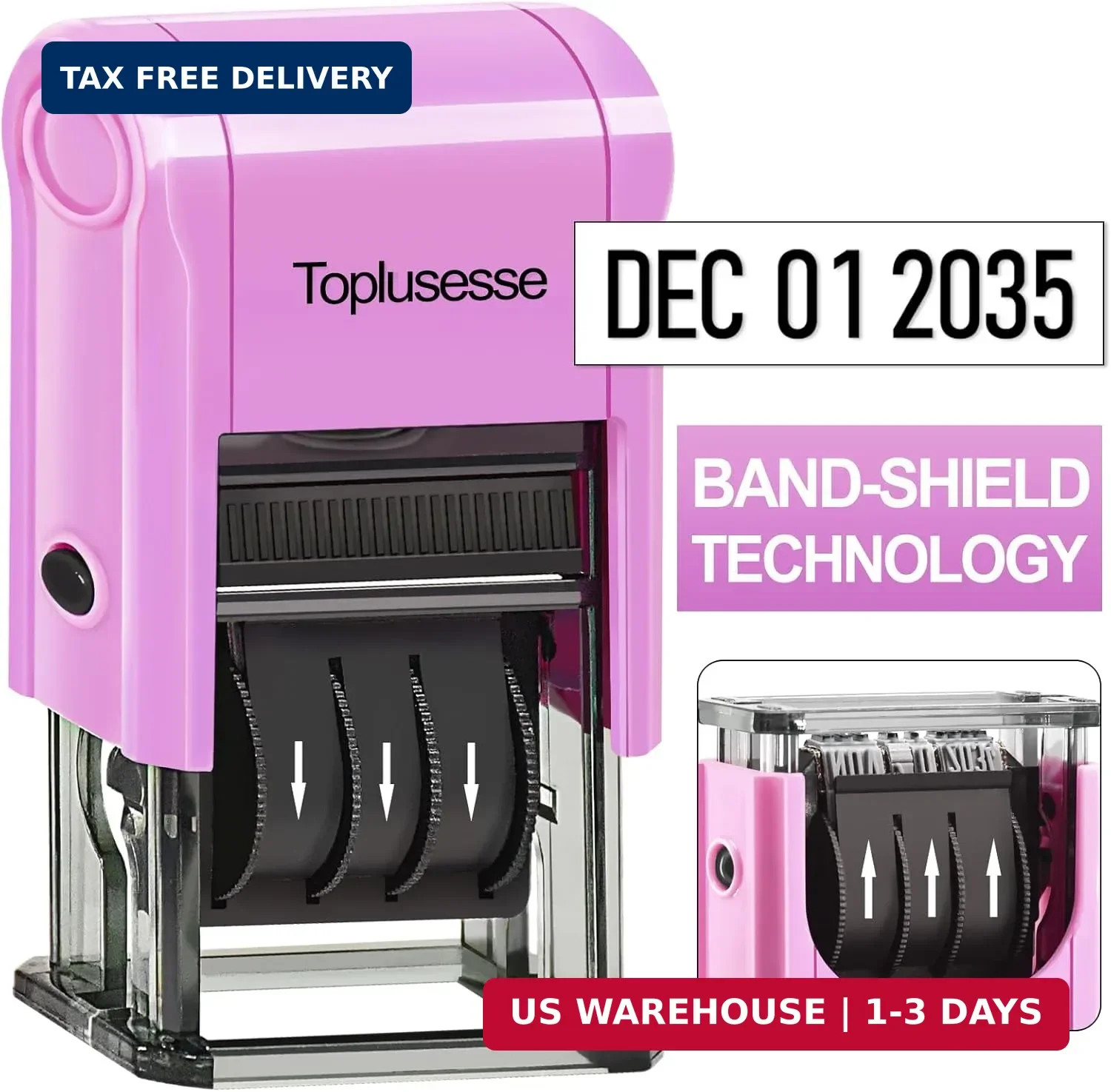 Date Stamp Self Inking Dater Stamp for Business 12 Year Band Purple Mount Black