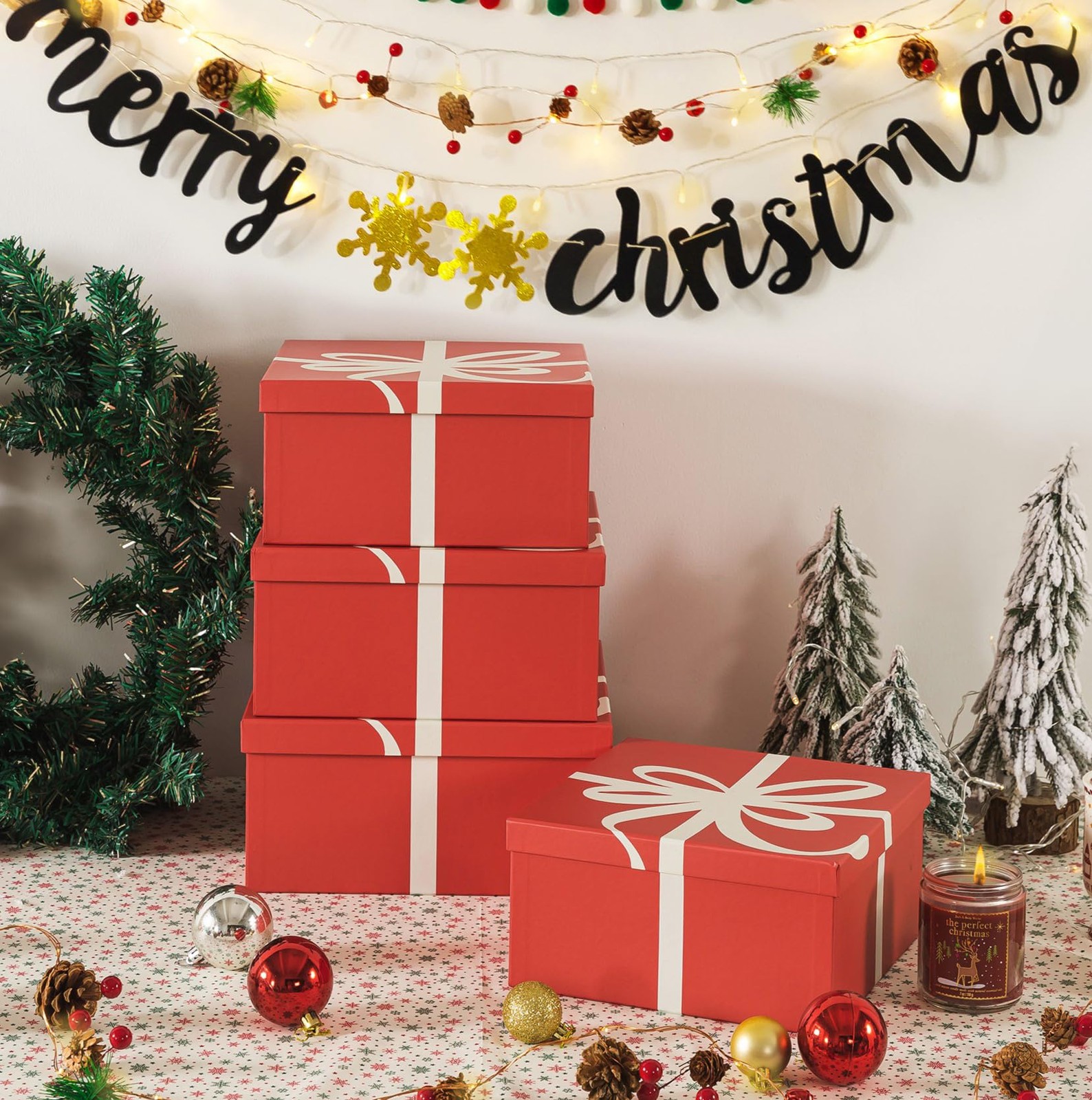 4 PCS Christmas Square Decorative Boxes Lids Set Festive Red Reusable Nesting