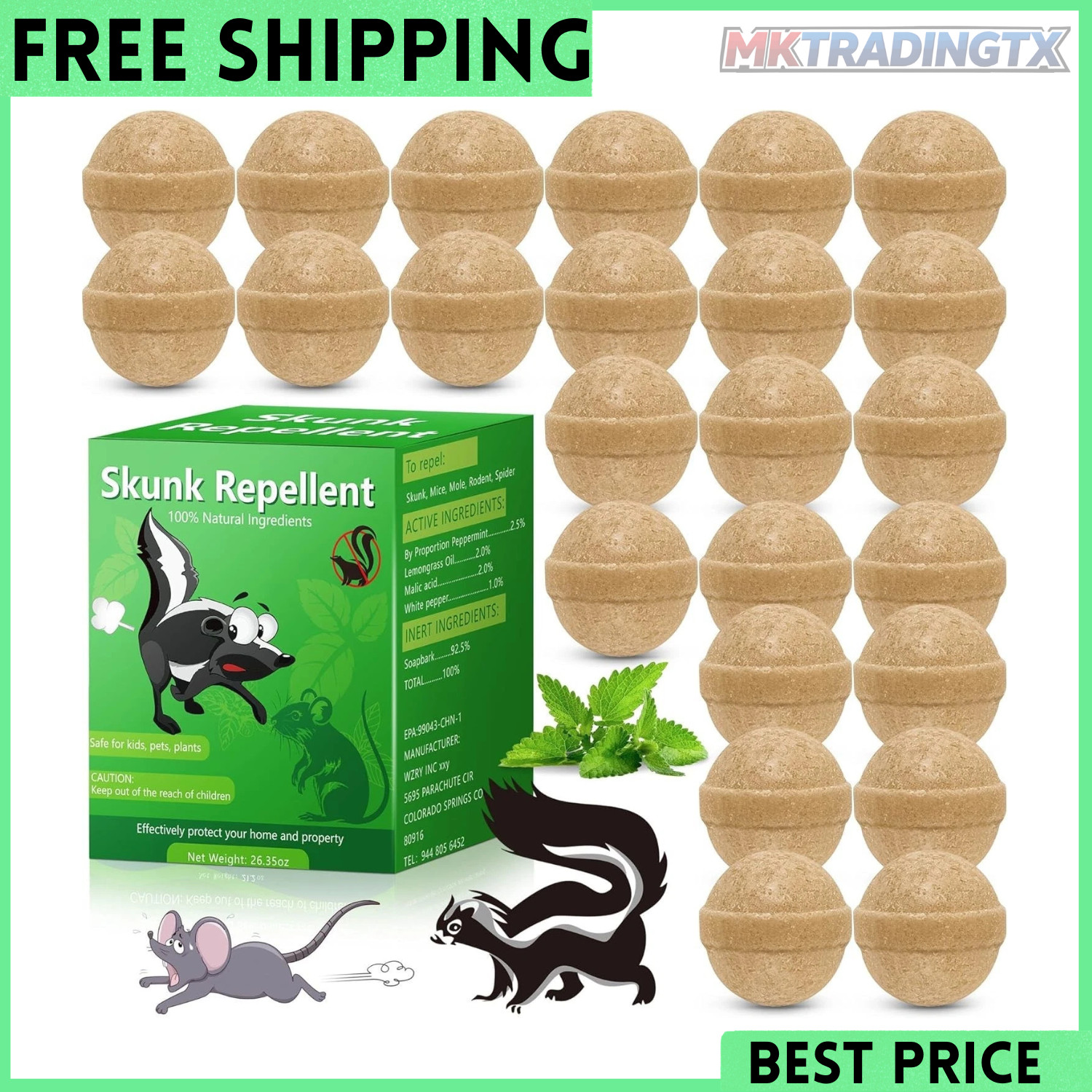 24 Pack Skunk Repellent Outdoor, Natural Peppermint Skunk Repellent Ball Humane