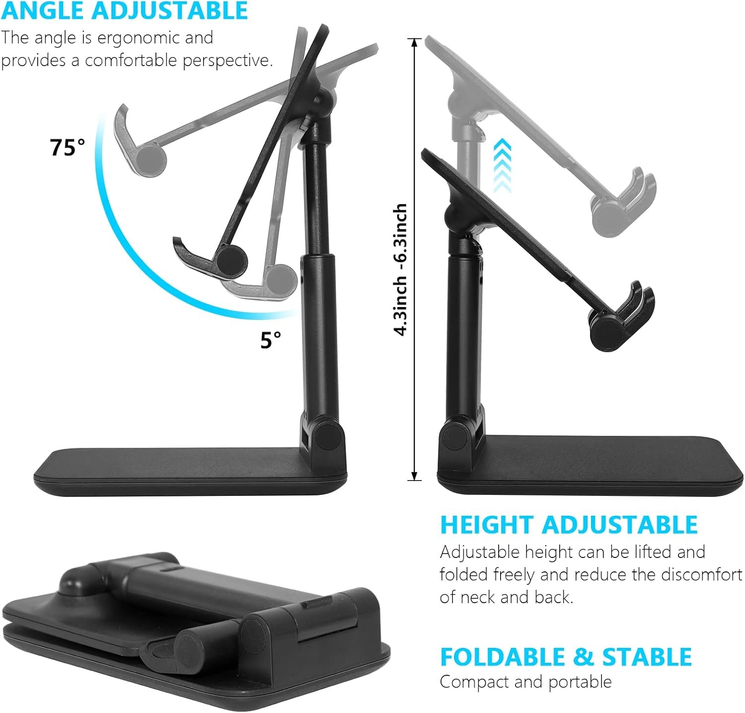Cell Phone Stand, Folding Desktop Angle Height A-Black