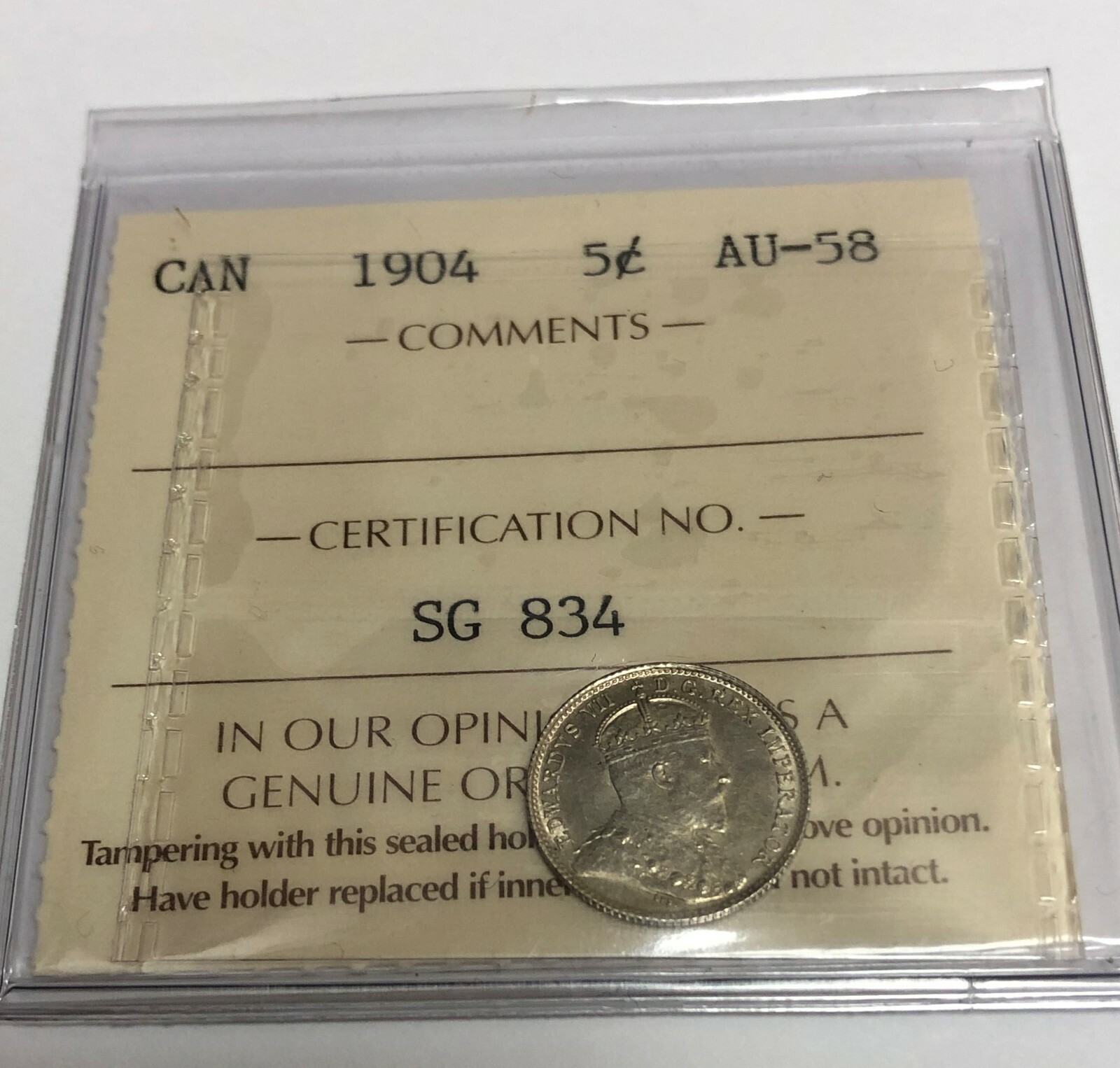 1904 5 CENTS SILVER  CANADA ICCS# SG834  AU58