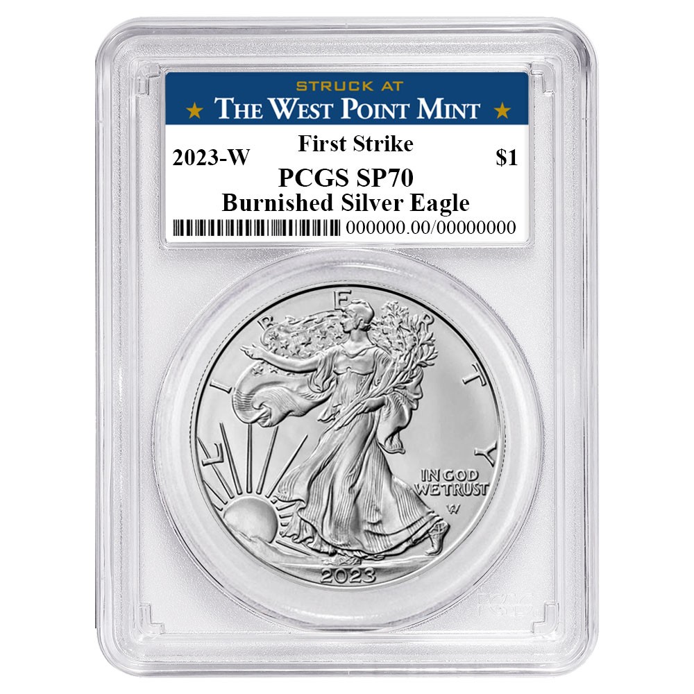 2023-W Burnished $1 American Silver Eagle PCGS SP70 FS West Point Label