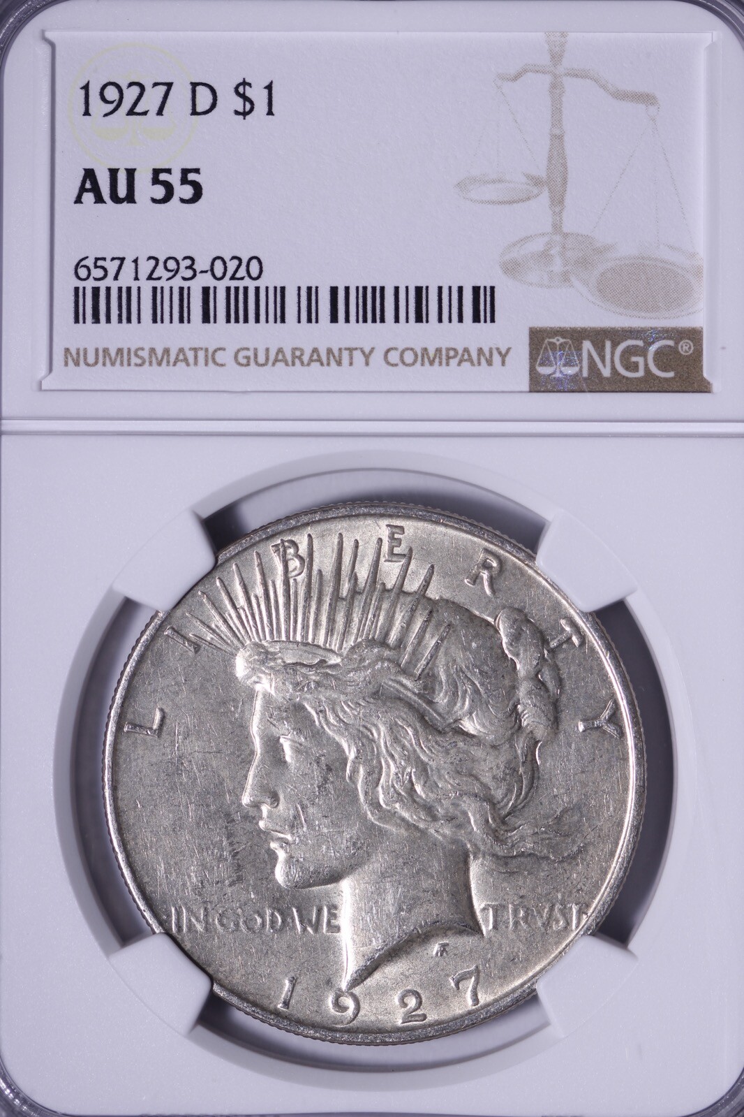 1927-D Peace Silver Dollar NGC AU55 Sharp Feathers Lightly Toned GCFR