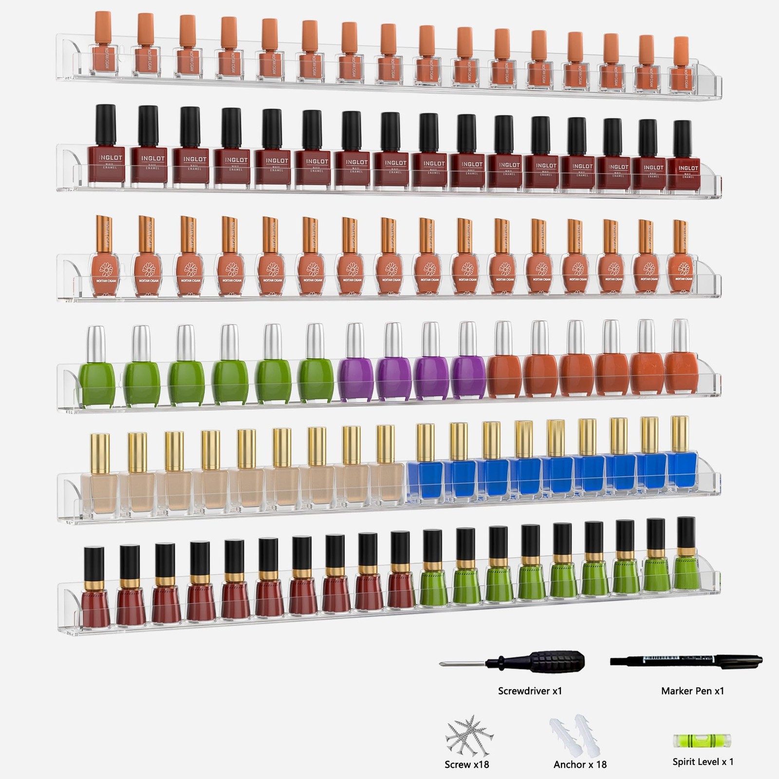 30 Inch Clear Nail Polish Wall Rack with Removable End Caps Set of 6, Acrylic...