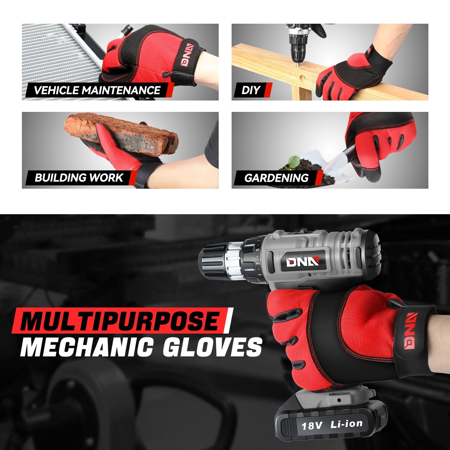 [2 Pair]Multi-Purpose Construction Gardening Utility Mechanic Work Gloves Red