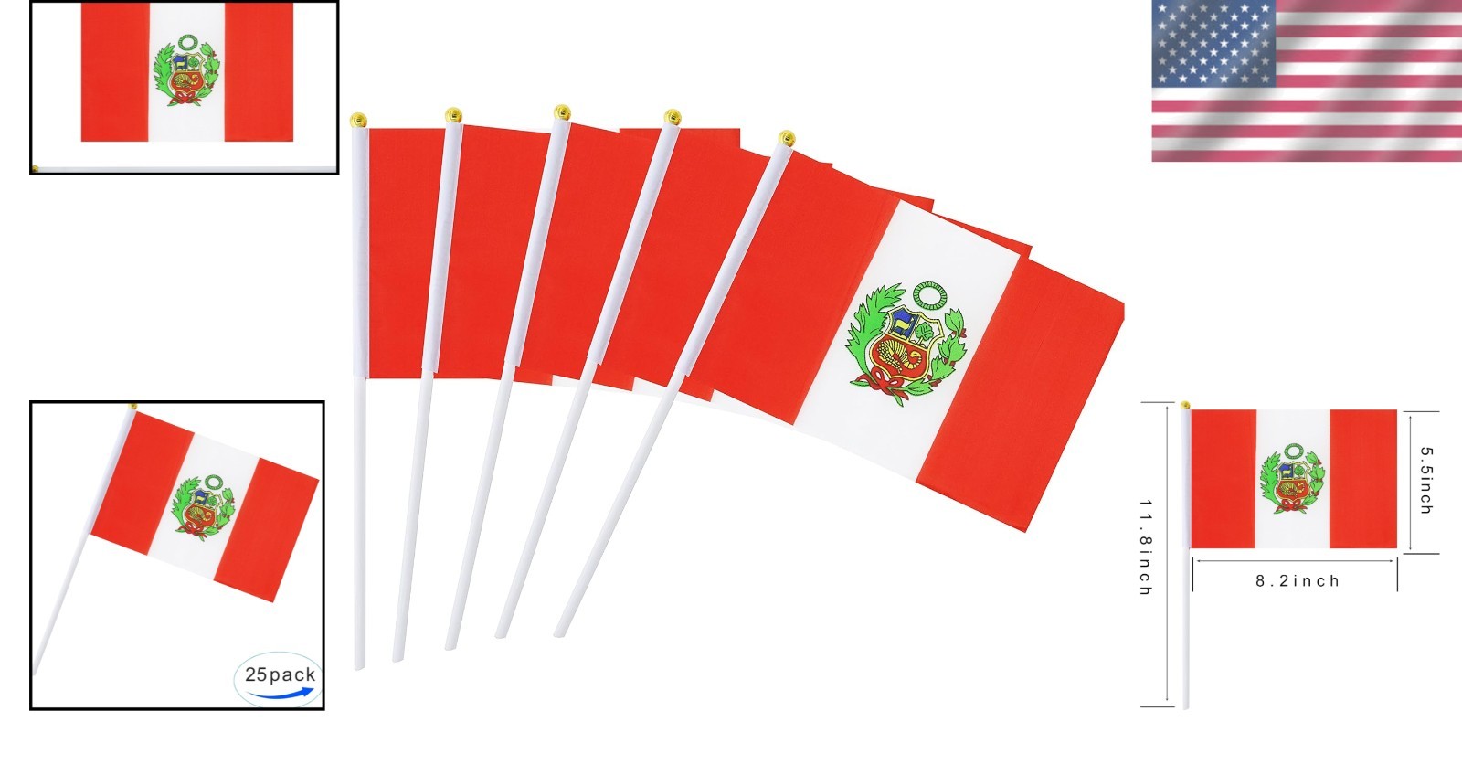 Durable 25 Pack Peru Mini Stick Flags - Perfect for Festivals & Sports Events