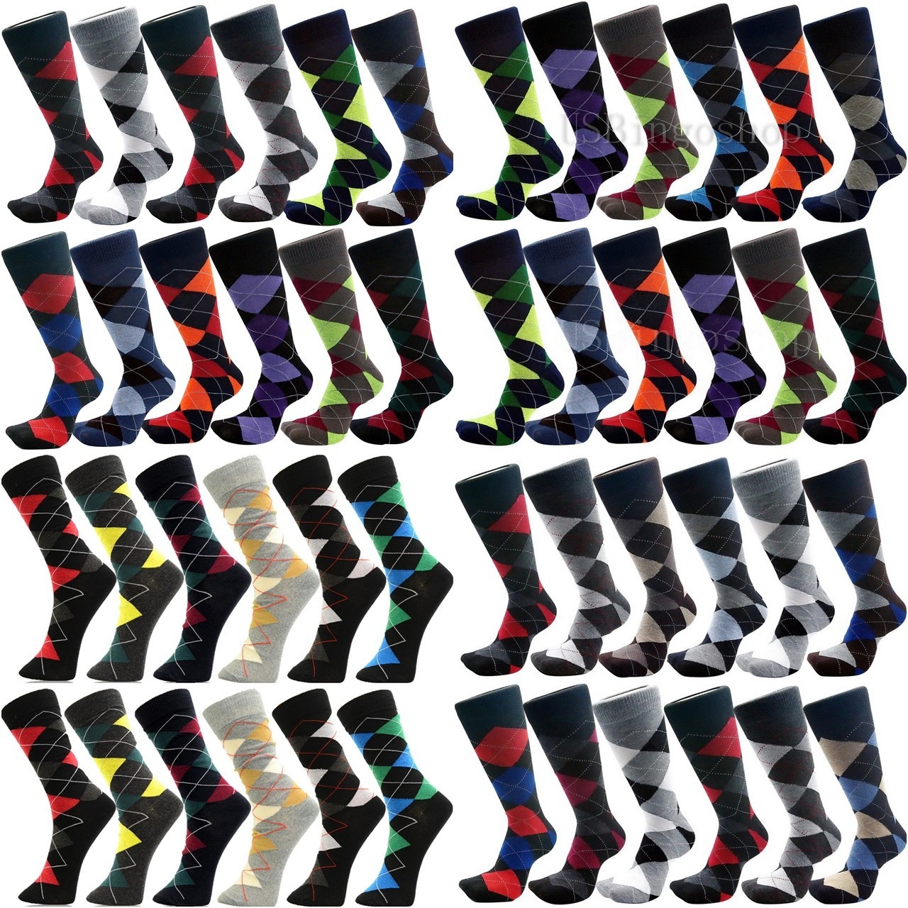 12 Pairs Cotton Men's Mens Argyle Diamond Dress Socks Size 10-13 Multi Colors