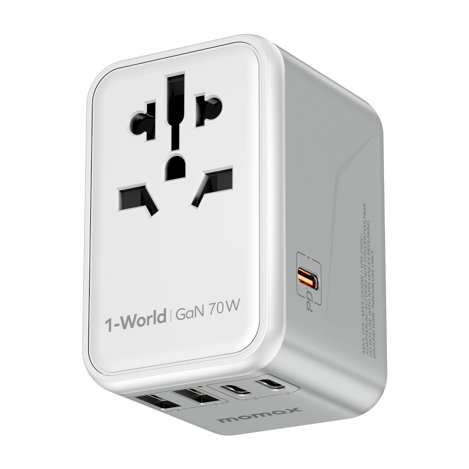 MOMAX Universal Travel Adapter 70W GaN, 3 USBC PD & 2 USBA QC, International ...