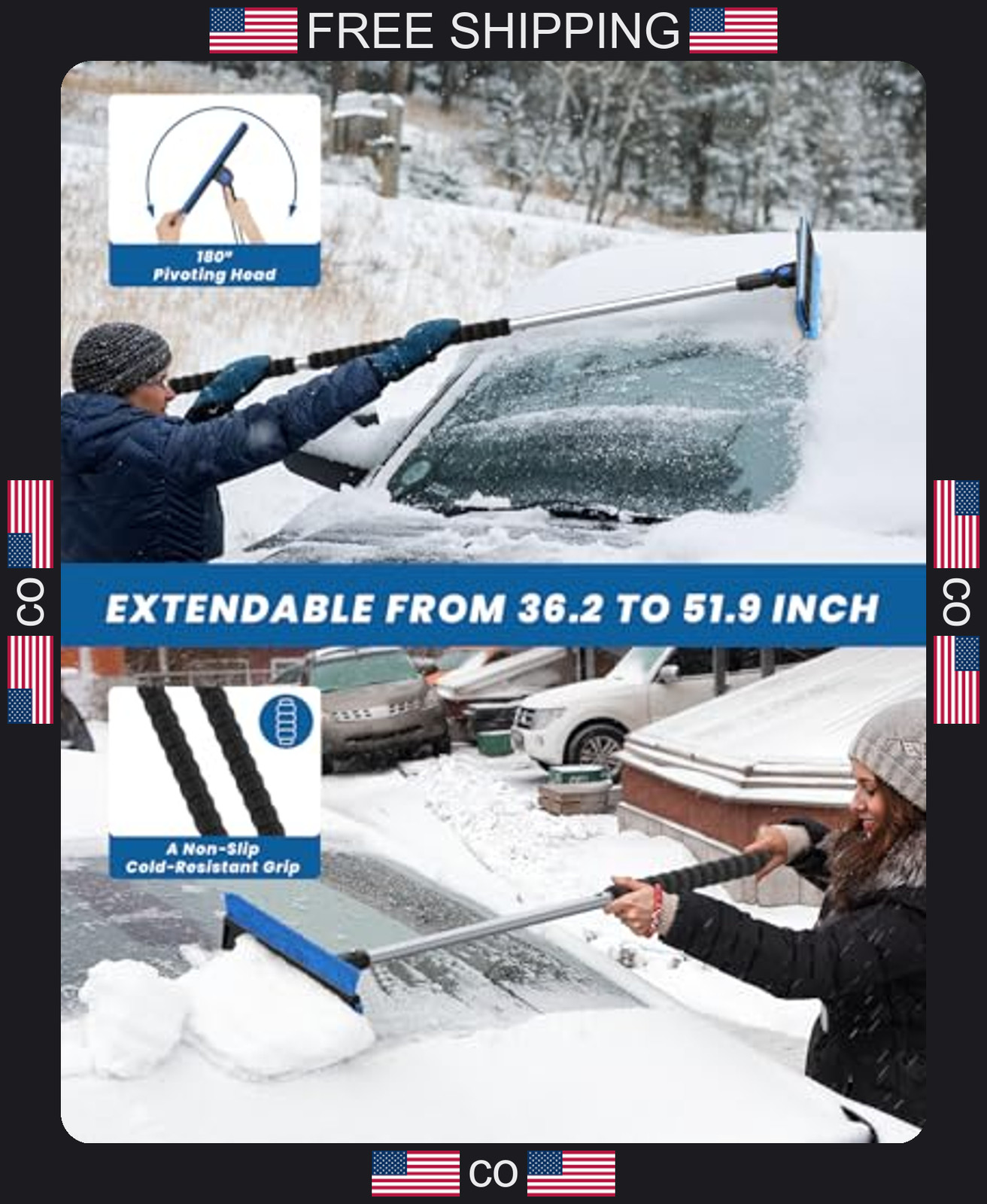 Extendable Car Snow Brush with Ice Scraper and Rotating Head